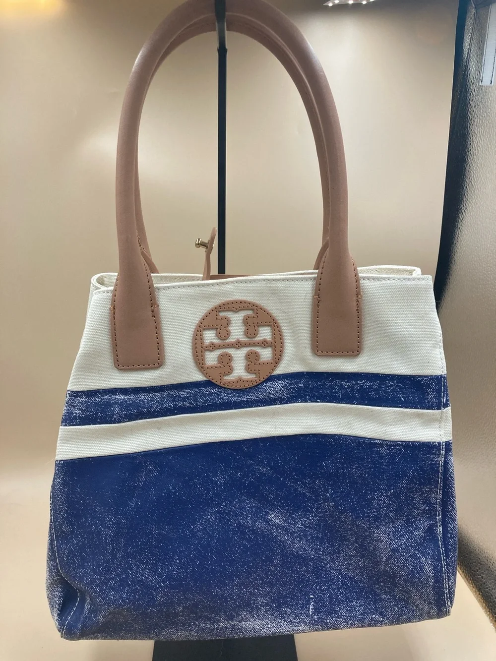 Tory Burch Blue, White and Tan Canvas Tote with Leather Trim